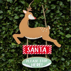Talking Tables Santa Stop Here Hanging Wooden Sign Featuring Rudolph The Reindeer | Reusable Christmas Decorations for Kids | Made Add Some Xmas Cheer to Your Home |30cm Tall