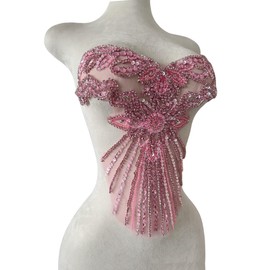 Jpumley.pksn Pure Handmade Bodice lace Rhinestones Applique Sewing Stones Beads Crystal Trimming Patches Accessories for Weding Dress Decorations 16X13.7inches (Pink)