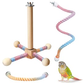BNOSDM Bird Rope Perch with Stand Perch Toy Set Bendable Rope Perches Wooden Spinning Exercise Wheel Toy Parrot Cage Accessories for Parakeets, Conures, Lovebirds, Budgies, Cockatiels (Rainbow Color)