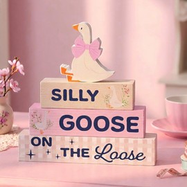 Cinnvoice 4 Pcs Silly Goose on the Loose Birthday Party Decoration One Silly Goose Wooden Pink Bow Table Centerpiece Cute Baby Shower Tiered Tray for Baby Girl 1st Birthday Party, 5.9/4.9/3.9 Inch
