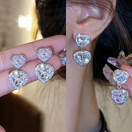 Wendalern Diamond Heart Stud Earrings for Women Heart Shaped Cubic Zirconia Dangle Earrings Double Hearts Statement Earrings Silver Crystal Rhinestone Heart Drop Earrings Wedding Jewellery for Bride,