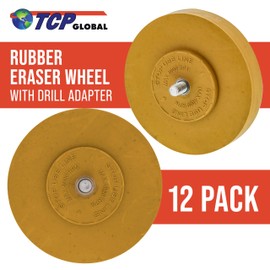 TCP Global Rubber Eraser Wheel with Drill Adapter - Pack of 12 - Adhesive Remover Tool, Removes Vinyl Decals, Pinstripes, Stripes, Stickers, Tape, Emblems, Graphics Removal Autos Cars Trucks RV's Sign