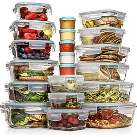 Razab 35 Pc Set Glass Food Storage Containers with Lids - Meal Prep Airtight Bento Boxes BPA-Free 100% Leak Proof (15 lids,15 glass & 5 Plastic Sauce/Dip Containers)