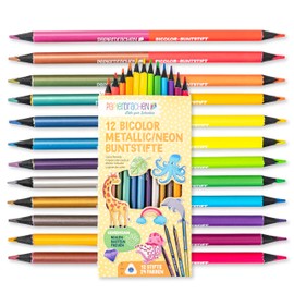 Papierdrachen 12 Bicolour Colouring Pencils - 24 Rich Colours - Set - Wood - Hexagonal - Shatterproof - School - Nursery - Painting - Children - Metallic Neon