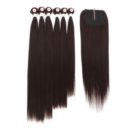 Synthetic Hair Bundles with Easy Closure Medume Brown Yaki Straight Hair Weft Weave for Women Heat Resistant Fiber Synthetic Hair Extension 7pcs for A Full Head Total 240g