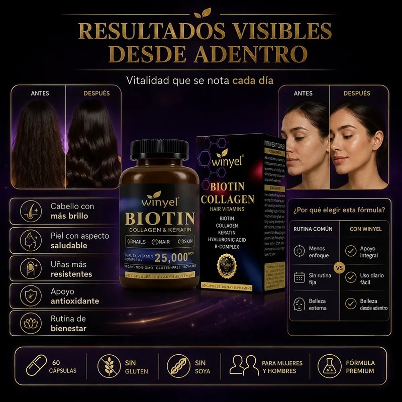 Biotina Colágeno Queratina Ácido Hialurónico 60 Cápsulas