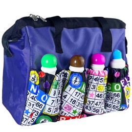 Bingo Daubers Bag | 8 Pockets | Bingo Accessories & Makeup Case | Zippered Carrying Storage Bag Gifts | Bingo Card & Balls Pattern | Women's Knitting Crochet Tote Bags (Blue)