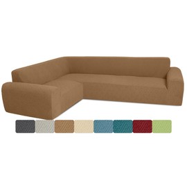 ROFASVCO Jacquard Stretch Corner Sectional Couch Cover L Shape Magic Sofa Covers Sectional Slipcovers for Dogs Pets Kids U Shaped Furniture Protector Non Slip Elastic Bottom (Large, Light Coffee)