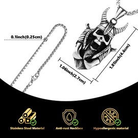 LuxGoth Stainless Steel Goat Horn Devil Skull Pendant Necklace Gothic Punk Rock Emo Biker Cosplay Vintage Viking Helmet Horn Skull Charm Necklace Jewelry for Men Women Silver GTS-N1D61101