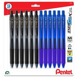 Pentel EnerGel X Retractable Liquid Gel Pen, 0.7mm, 12 Pack - 6 Black Ink and 6 Blue Ink Pens