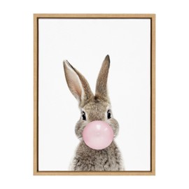 Kate and Laurel Sylvie Bubble Gum Bunny Framed Canvas Wall Art by Amy Peterson Art Studio, 18x24 Natural, Cute Whimsical Animal Art for Wall