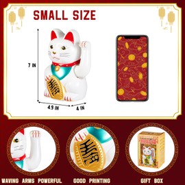 Chunful 7 Inch Lucky Cat Waving Arm Maneki Neko Lucky Beckoning Feng Shui Wealth Cat for Welcoming Fortune Wealth Prosperity Decoration, Battery Not Included(White Color)
