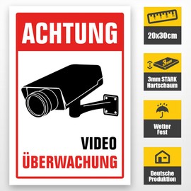 Videoüberwachung Sign, 20 x 30 cm, 3 mm Thick Hard Foam Board - "Achtung Videoüberwachung", Weatherproof, UV-Resistant, Information Sign, German Production #122