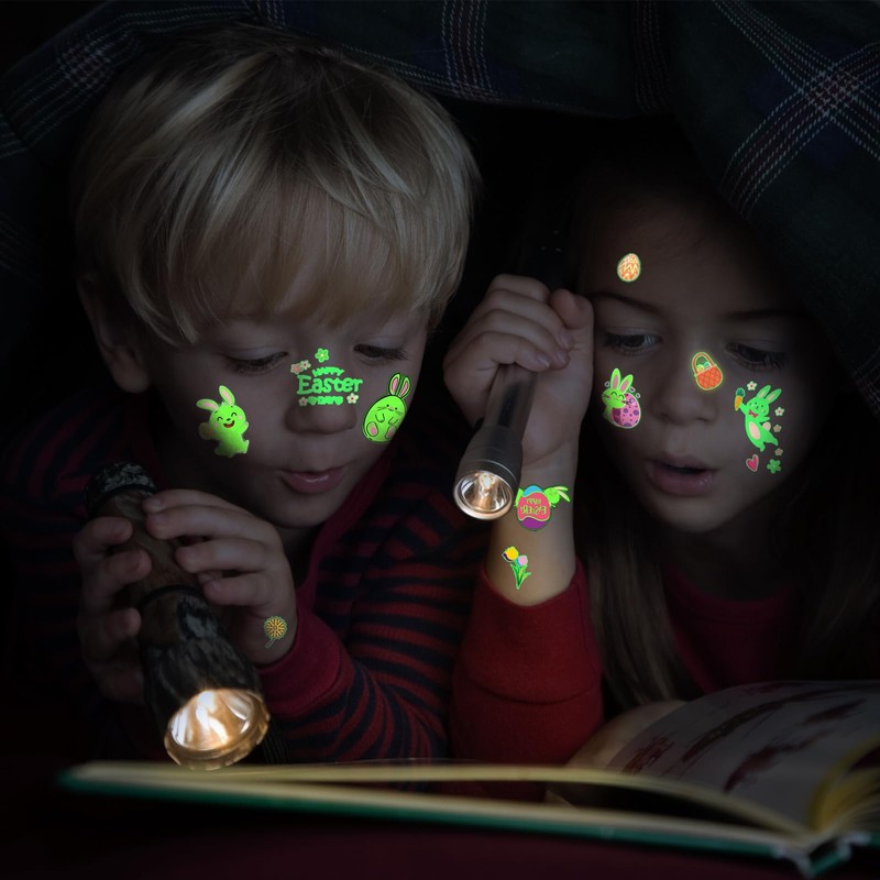 Easter Tattoo Easter Gifts Children, 15 Sheets Luminous Easter Eggs