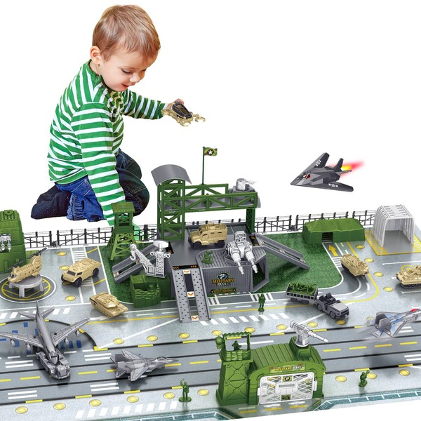 deAO Military Base Set, Army Men Playset with Military Vehicle,Weapon Gear Accessories,Vehicles Accessories and Play Map,Great Army Toys for 3 4 5 Year Old Boys Girls Kids