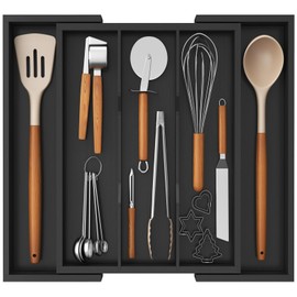 Lifewit Utensil Organizer for Kitchen Drawer, Expandable Cooking Utensil Tray, Bamboo Cutlery Silverware Flatware Holder, Adjustable Spatula Tools and Gadgets Storage Divider, Large, Black