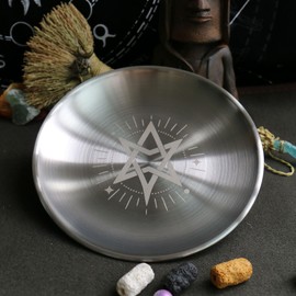 Altar Tray - Stainless Steel Metal 5.5" Round Dish for Prayer Astrology Tarot Offering Plate Rituals Ceremonies & Decor (Unicursal Hexagram Silver)