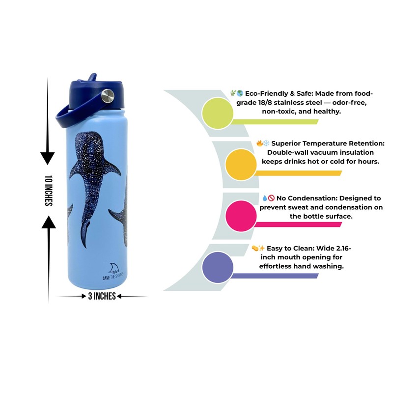 DiscoverSharks Stainless Reusable Waterbottle. Double wall vacuum insulation for 48h