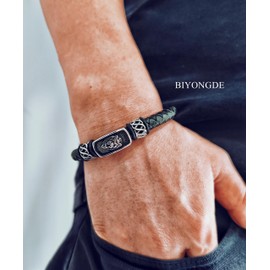BIYONGDE Mens Black braided leather Bangle Bracelet, Vintage Steel Judah Lion Head and Bead Charms Hexagon Clasp