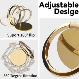 OBHEI Metal Cell Phone Ring Holder Finger Ring Stand, 360 Degree Rotation Ring Kickstand Grip Holder for Magnetic Car Mount, Gold