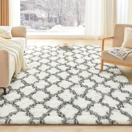 Litanika 5x8 Geometric Shag Area Rug for Bedroom, White and Grey High Pile Ultra Soft Plush Shaggy Furry Bedside Playroom Dorm Carpet, Non-Slip, Non-Shedding Indoor Floor Rug
