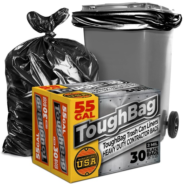 ToughBag 55 Gallon Trash Bags, 35 x 55" Black Garbage Bags (30 COUNT) – Heavy Duty 2 Mil Contractor Bags for Construction, Outdoors, Industrial Waste - Made In USA