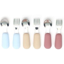 Juego de 6 Cubiertos para Niños,Juego de Cubiertos para Niños con Mango de Silicona,Silicona de Grado Alimenticio, Sin BPA,Cubiertos de Acero Inoxidable para Niños,Vajilla Adecuada (Multicolor 1)