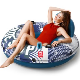 QPAU Inflatable River Tube, 0.4 mm Thickened Puncture-Resistant Heavy Duty River Float, River Raft with Ergonomic Backrest, Mesh Bottom & 2 Cup Holders for Family Friends Lake Float, Dark Blue