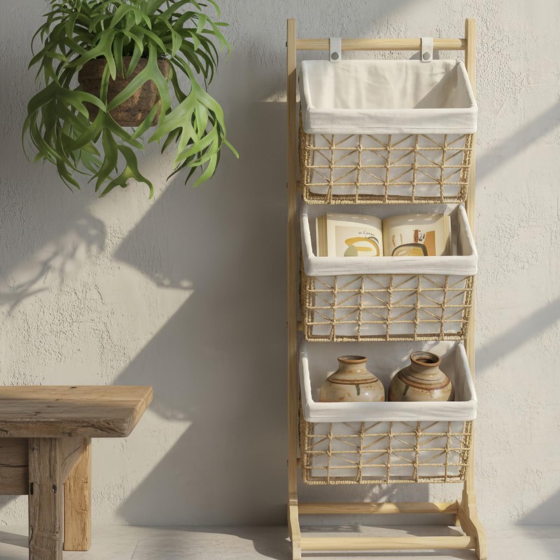 Three-Tier Floor-Standing Storage Rack, Hand-Woven Storage Basket, Vertical Storage Rack,