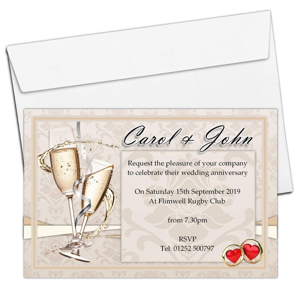 10 Personalised Gold Champagne Wedding Anniversary Invitations Invites N15 ANY