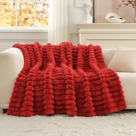 Cozy Bliss Faux Fur Throw Blanket for Couch, Cozy Warm Plush Striped Blanket for Sofa Bedroom Living Room,50 * 60 Inches Cardinal Red