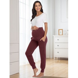 PACBREEZE Women's Maternity Pants Lounge Workout Joggers Over The Belly Pajama Sweatpants Stretchy Pregnancy Pants, A06: Heather Burgundy, Large