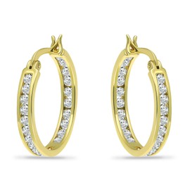 14K Gold Flashed 2mm Channel-set Cubic Zirconia Hoop Earrings, White Yellow Rose Gold CZ Hoop Earrings for Women Girls, Metal, Cubic Zirconia