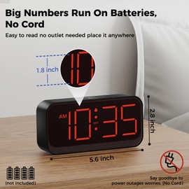 Acedeck Battery Operated Digital Clock: Cordless Small Alarm Clock for Bedroom Travel - Large Numbers 4 Dimmers for All Ages Red Digits