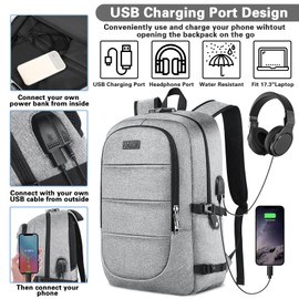 AMBOR Travel Laptop Backpack, 15.6-17.3 inch Anti Theft Business Laptop Backpack with USB Charging Port and Headphone Interface, Backpack for Men & Women, Grey