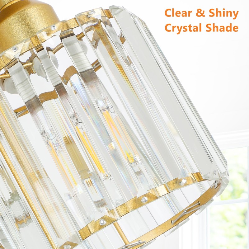 PAUFUL Modern Semi Flush Mount Ceiling Light,3-Light Golden Crystal Close