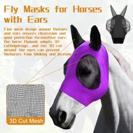 Upgrade Horse Fly Mask Elastic Fly Masks for Horses with Ears ，Adjustable UV Protection, Breathable Lycra Material (Purple, Free Size)