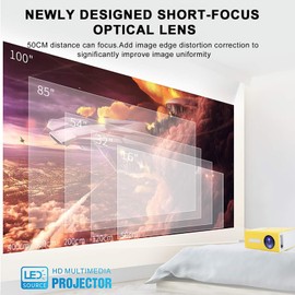 Mini Projector, Portable Video Projector, 1080P Full HD Supported Projector and Accessories Compatible with AV, USB, HDMI, Small Memory Card, Video Projector for Home Cinema & Outdoor Movies(Yellow)