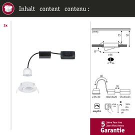 Paulmann 92971 Nova Mini Plus LED Recessed Light Coin Set of 3 Round Swivelling 3 x 4.2 W EasyDim Dimmable White Matt Aluminium Warm White 2700 K 126 W