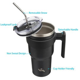 Konokyo 40oz Tumbler with Handle and 2 Straw 2 Lid, Insulated Water Bottle Stainless Steel Vacuum Cup Reusable Travel Mug,Black