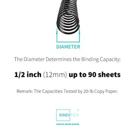 Binditek 200 Pack Plastic Spiral Binding Coils, 12mm(1/2"), 90 Sheet Capacity, 4:1 Pitch, Black, 48Loops, for Letter Size, for Students and Coworkers