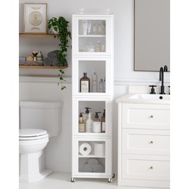 Vtopmart 63.2" Tall Slim Bathroom Storage Cabinet with 4 Adjustable Shelves and 4 Doors, Freestanding Cabinets Organizer with Wheels and Anti-tip for Laundry, Kitchen, Pantry, White