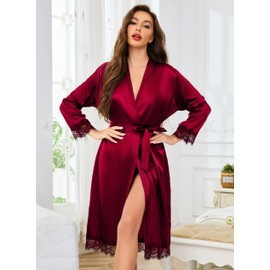 Lovasy Satin Bathrobe Women's Long Kimono Japanese Dressing Gown for Women Cuffs Made of Lace Bridal Bathrobe Wedding Party with Belt, Purple, red, XL