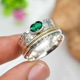 JEWELSTREZORO Smaragd im Labor gezüchtet Edelstein Band Ring 925 Sterling Silber Ring Männer & Frauen Band Ring Alle Größen Band Ring Handgefertigt TSR1211AN_14 (60 (19.1))