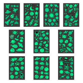 Focenat 10 Sheets(130 Patterns) Luminous Temporary Tattoos Stickers for Kids, Children Fake Tattoos Glow in The Dark Cartoon Tattoos with Cosmos Space Planets Rocket Astronauts UFO