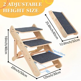 2-in-1 2-Dog Stairs Portable Dog Ramp Height Adjustable Wood Pet Stairs Foldable Pet Ramp with Non-Slip for Beds, Sofa and Cars for Small Medium Older Pet