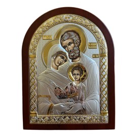 Silver Canvas Holy Family Byzantine Silver Christian Icon/Greek Handmade (Red, 9x7)