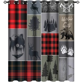 Cabin Rustic Bear Deer Blackout Curtains - Abstract Farmhouse Hunting Theme Wild Animal Plaid Check Adventure Grommet Window Curtain Set Energy Saving Thermal Insulated Drapes,2 Panels 45L x 21W
