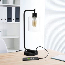 Simple Designs LD1066-BLK-LB Industrial Vintage Bronson Iron Lantern Desk Table Lamp with USB Port and Glass Cylinder Shade for Office, Living Room, Bedroom, Black, with Feit LED Bulb Included