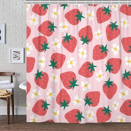 Ptrxobj Cute Strawberry Shower Curtain for Kids Girls Bathroom, Kawaii Girly Fruit Flower Fabric Shower Curtains Set Decorative, Fun Aesthetic Restroom Decor Accessories with Hooks 72X72 inch